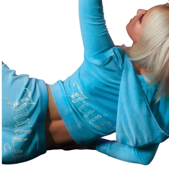 JUICY COUTURE Big Bling Terry Track Suit Jacket and Shorts in Wave Size XL NEW - Picture 17 of 17